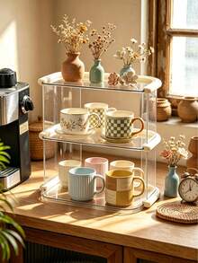 Multi-Layer Acrylic Cup Rack, Vintage Tabletop Mug Holder, 2/3 Tier Countertop Organizer, Dual-Use Vanity Makeup Tray, Detachable Easy-Clean Stand For Kitchen, Bar, Dresser, Holds Mugs, Teacups, Cosmetics, Jewelry & Bathroom Items - Multicolor - View 3