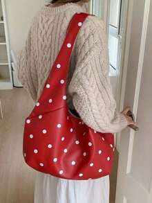 韓式女款單肩包 春夏新品 小眾設計 復古波點 通勤 出行 日常購物 大容量腋下托特包 - 紅色 - 查看 6
