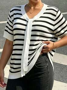 Blusa de punto de manga corta con cuello de contraste a rayas para tallas grandes - Blanco y Negro - Ver 6