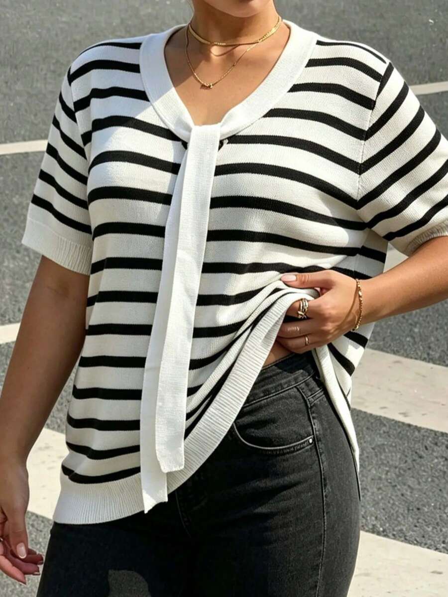 Plus Size Casual Striped Contrast Collar Knit Short Sleeve Top