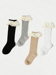 4 Pairs Children's Simple Lace Trim Solid Color High Tube Socks, Sweet And Cute For Girls, Suitable For Daily Wear And Back To School Season - Multicolor - View 6