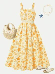 Sweet Summer Vacation Style Girls' Cami Dress, Printed Pattern With Ocean Elements And Lace Trim, Soft And Comfortable - Yellow - View 2