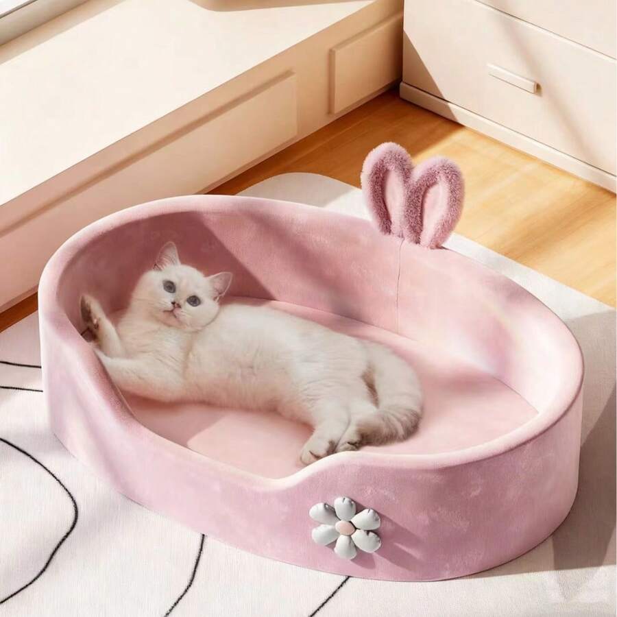 1pc Thick Soft Oval Pet Dog Bed, Floral Pattern Decorated Pet Cat Bed, Soft Comfortable Fabric Cat Dog Bed, Non-Slip Waterproof Oval Pet Bed, Suitable For Indoor Small And Medium Pets Cat Dog Sleeping And Resting - Multicolor - View 1