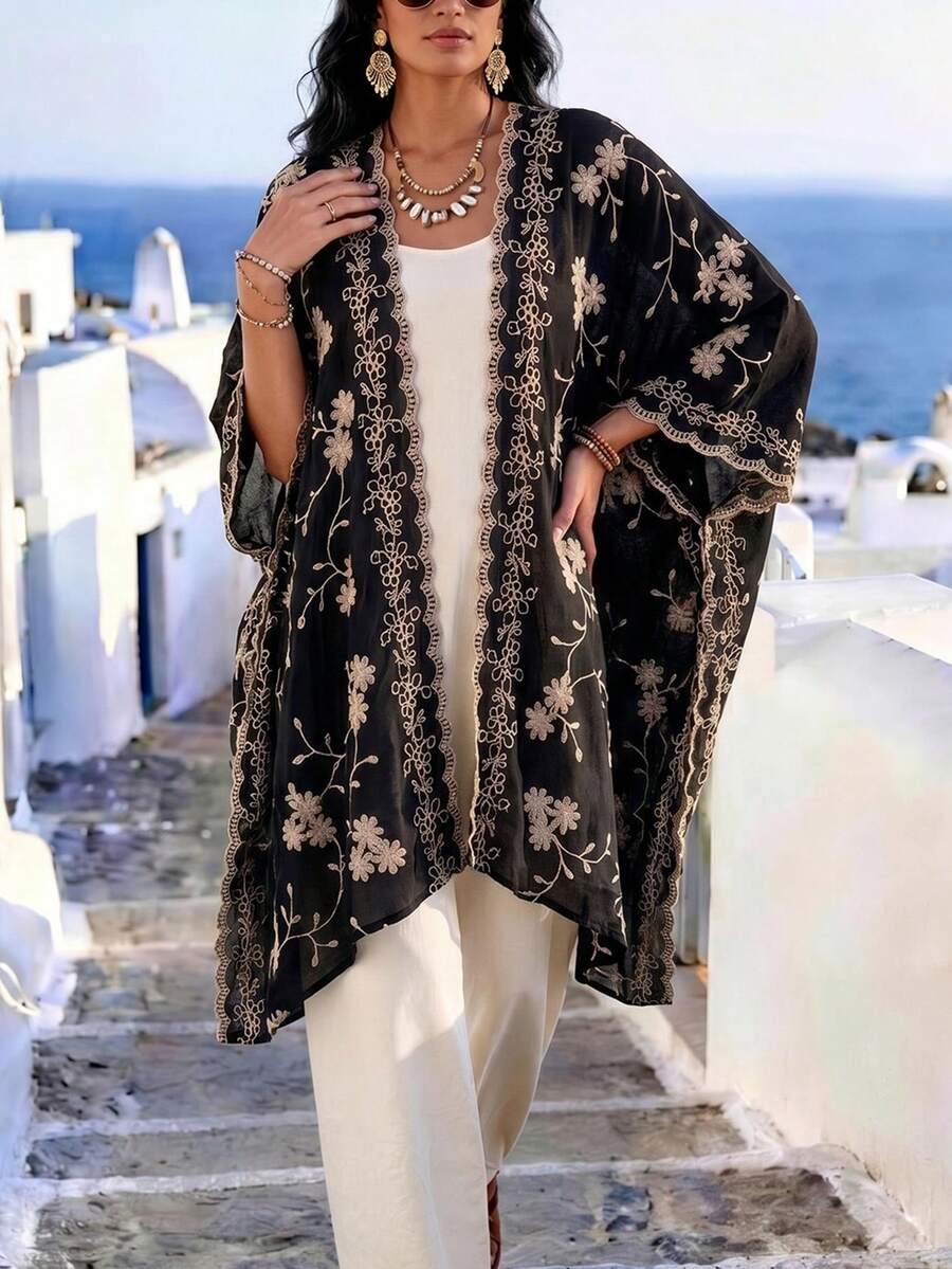 1件大尺碼波希米亞風優雅花卉刺繡和服式圍裙/沙龍,女款春夏海灘罩衫披肩,度假禮物首選,黑色 - 黑色 - 查看 1