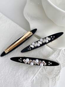1pc New Black Pearl Rhinestone Hair Clip Women's Premium Elegant Side Alligator Hair Clip Versatile Hair Accessory - Multicolor - View 2