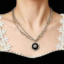 Kalung Liontin Wajah Tersenyum Bertumpuk Dua Lapis Stainless Steel untuk Wanita, Gaya Fashion yang Manis & Keren - Perak - View 4