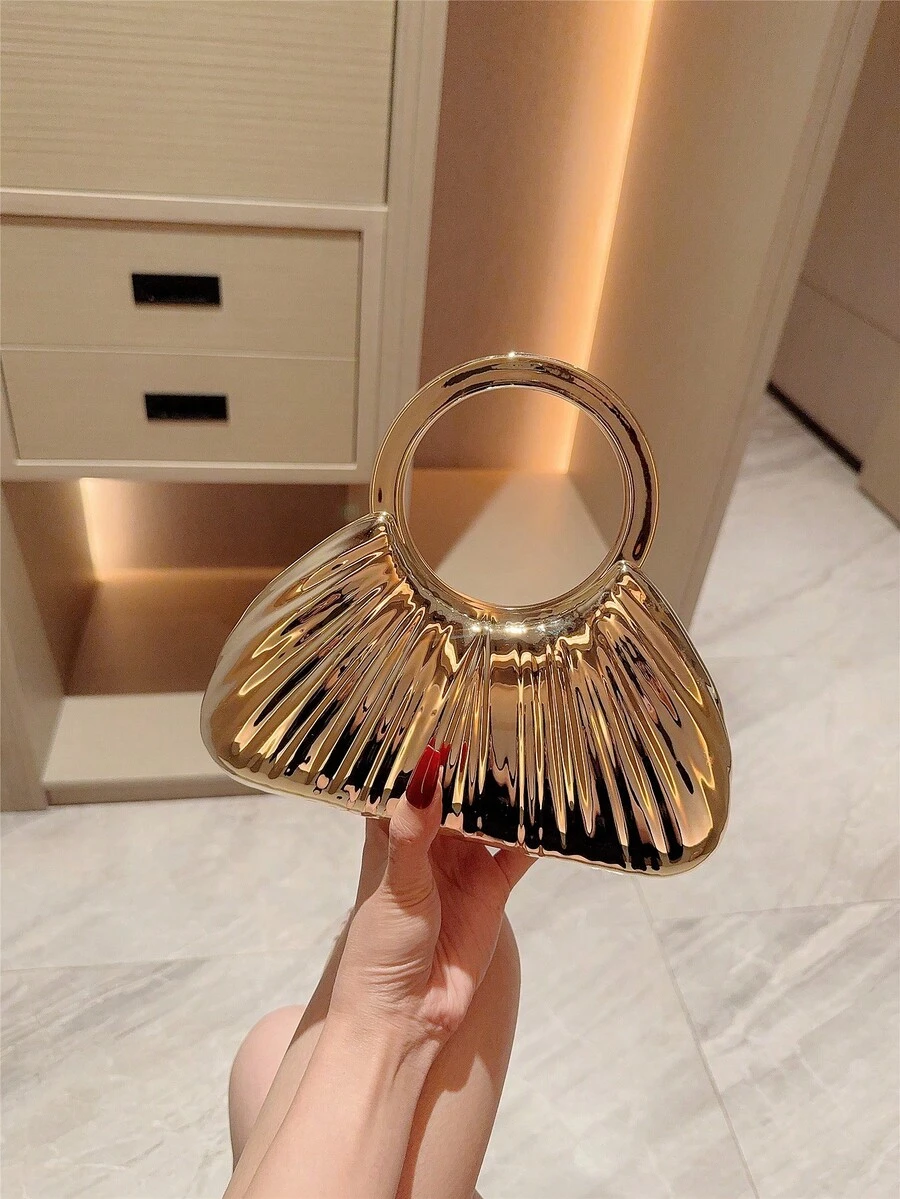 1件女款優雅百褶方型金屬晚宴手拿包，奢華亮面手鍊手柄手提包，迷人精緻正式派對包，適合情人節約會、舞會、生日派對、晚間聚會等場合 - 金色 - 查看 1
