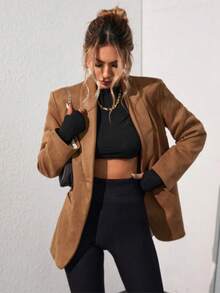 1pc Daily Commute Casual Versatile Solid Color New Style Elegant Minimalist Lapel Long Sleeve Pocket Cardigan Jacket - Brown - View 6