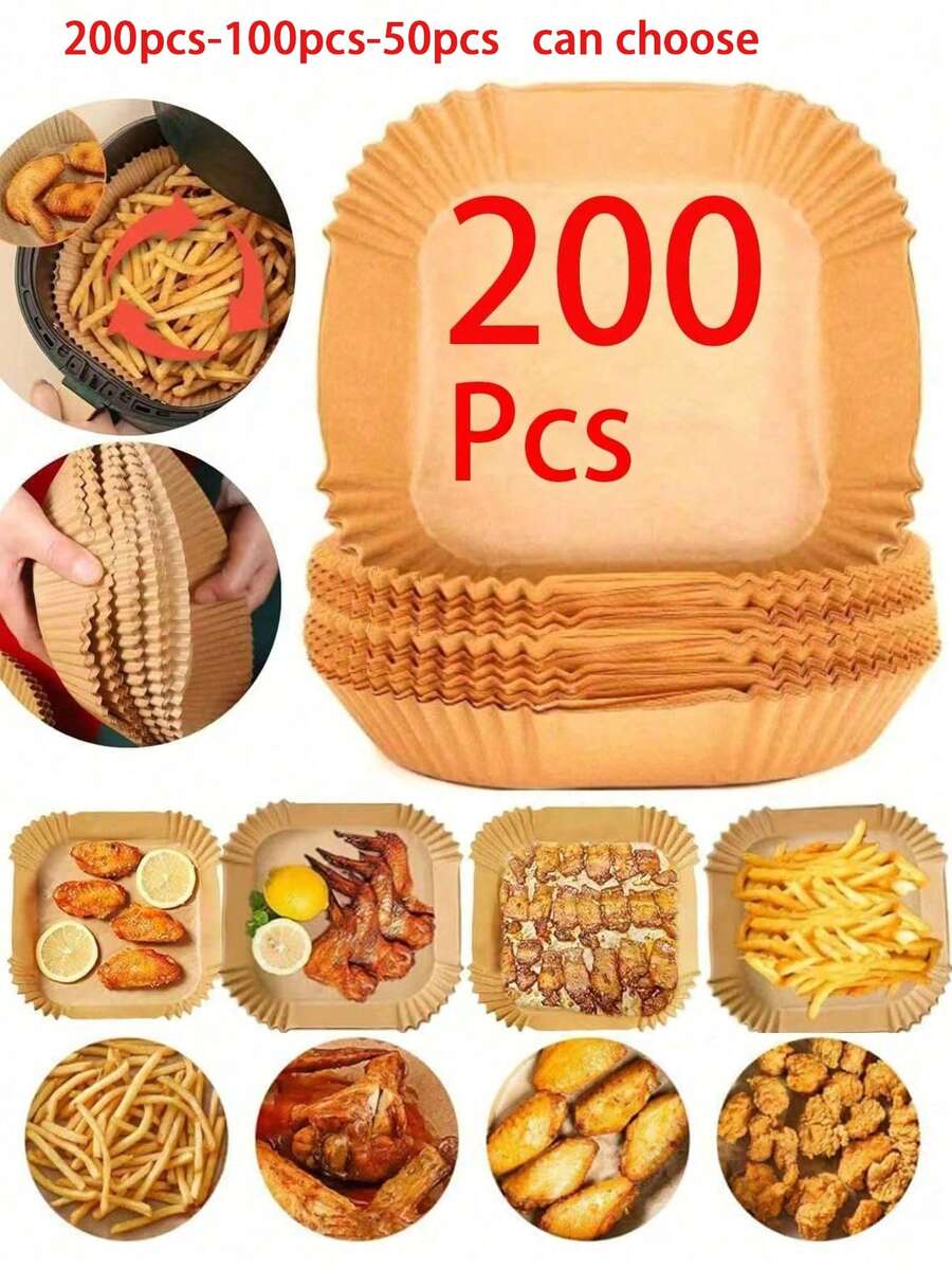 200片/100片/50片 廚房烘焙紙、氣炸鍋紙、吸油、油水分離、不沾、通用紙框、氣炸鍋不沾拋棄式烘焙紙框，適用於食品、氣炸鍋配件、油炸、烘焙、微波烘焙、不沾烹飪、氣炸鍋方形紙、廚房、浴室、居家、家用物品 - 黃色 - 查看 1