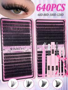 640/576 Clusters Single Cluster False Eyelashes Set, Includes Adhesive Glue, Sealing Glue, Tweezers And Eyelash Brush; Suitable For Beginners, Dense And Fluffy, Natural And Lightweight, Easy To Apply; Equipped With Large Capacity Eyelash Storage Book, Classic Cross Dynamic Style - Multicolor - View 12