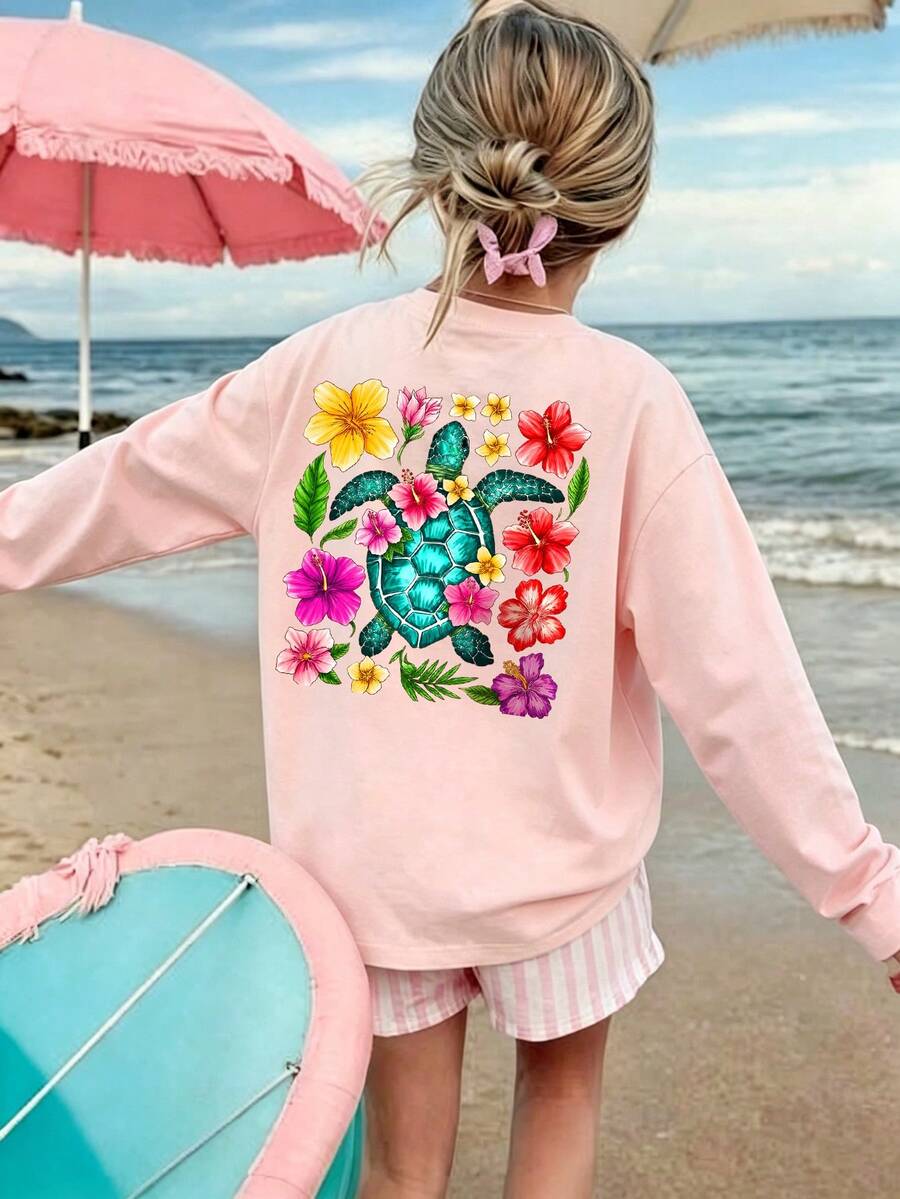 Tween Girls Long Sleeve Tee, Tropical Sea Turtle Hibiscus Flower Back Graphic Print, Fall Winter Casual Daily Tops - Pink - View 1