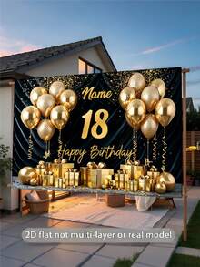 1pc Customizable Name & Age Gold Glitter Balloon Happy Birthday Backdrop, Gold Ribbon Balloon Gift Box Decoration Background, Suitable For Birthday Party Cake Table Decoration, Photography Banner, Vinyl Material, Multi-Functional, Durable, Decorative, Reusable, Exquisite, Fashionable, Colorful, Modern, Customizable, Personalized, Unique, Ideal Gift For Her, Boyfriend, Girlfriend - G - View 5