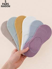 5 Pairs Random Color Women's Solid Color Mesh Breathable Low-Cut Invisible Boat Socks - Multicolor - View 10