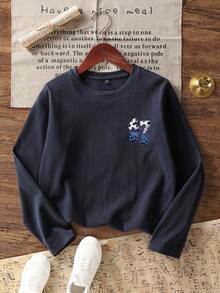 Tween Boy Casual Fun Graphic Print Crew Neck Pullover Long Sleeve T-Shirt, Autumn/Winter Top - Navy Blue - View 5