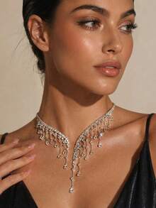 1pc Women's Exaggerated Rhinestone Tassel Necklace, Shiny Water Drop Pendant Choker Necklace, Suitable For Party And Wedding Jewelry - Silver - View 1