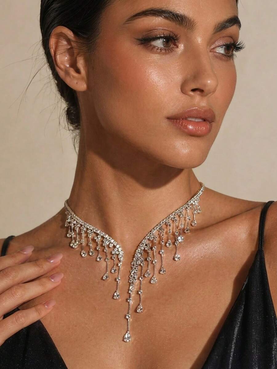 1pc Women's Exaggerated Rhinestone Tassel Necklace, Shiny Water Drop Pendant Choker Necklace, Suitable For Party And Wedding Jewelry - Silver - View 1
