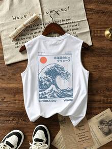 儿童神奈川海浪印花背心，男童复古日系无袖衬衫，休闲夏季街头服饰 - 白色 - 查看 3
