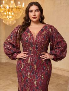 SUPGIR V-Neck Lantern Sleeve Sequin Elegant Dress - Red - View 5