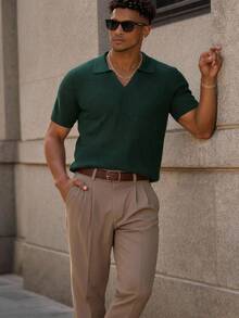 Men's Polo Collar Short Sleeve Knit Sweater - Khaki - View 2