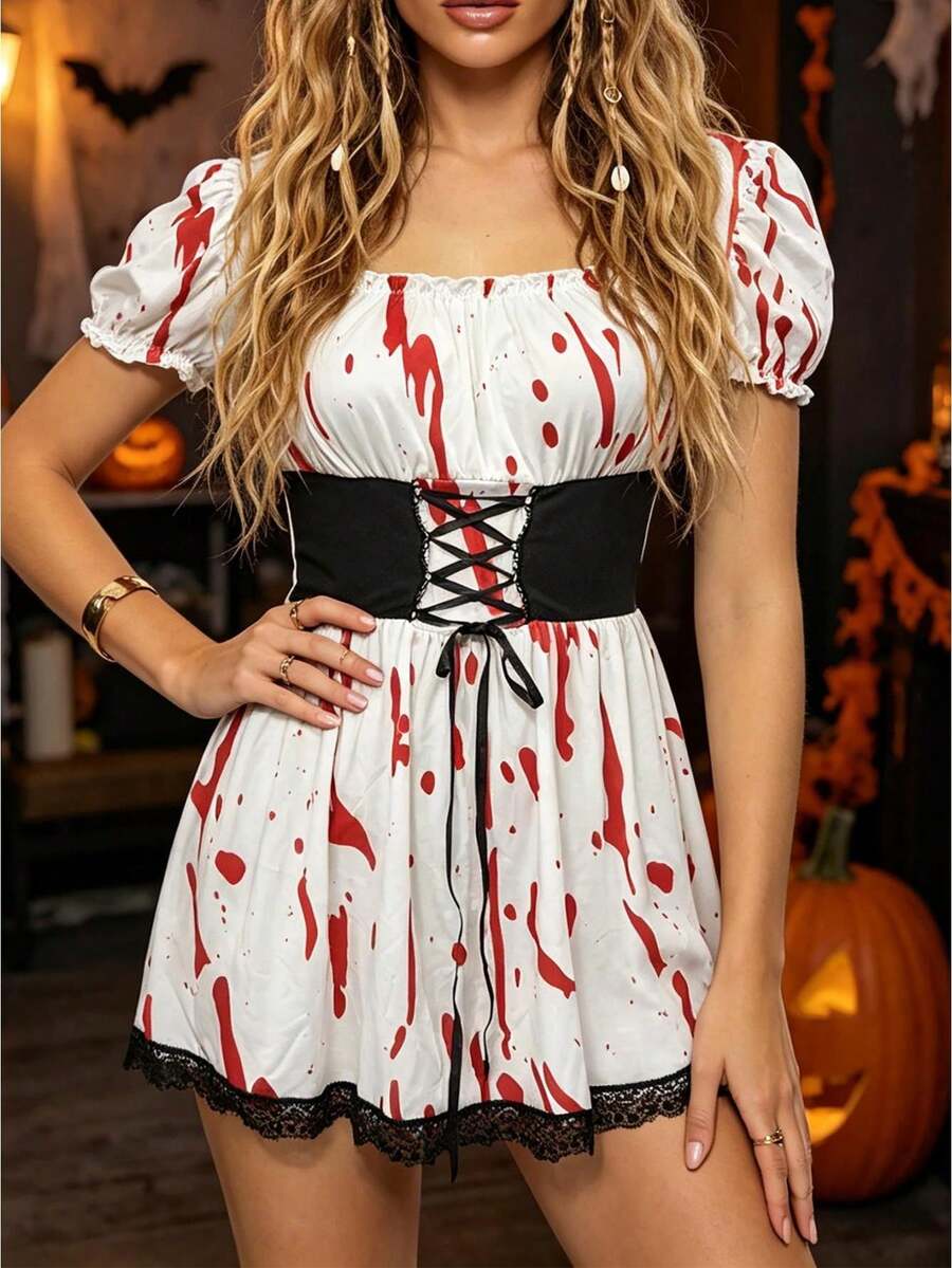 Women's Spooky Halloween Fancy Dress Blood Splatter Pattern Puff Sleeve ...