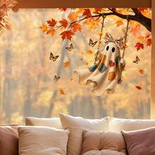 1pc Autumn Thanksgiving Maple Leaf Window Sticker, Squirrel Hedgehog Ghost Butterfly Design, PVC Static Cling, Suitable For Home Store Party Glass Decoration Decal, Halloween Decoration - Cartoon Window Stickers - View 3