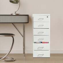 1Pc White 6-Drawer Coated Steel Under Desk Mobile Pedestal With Central Anti-Theft Lock & Brake Casters, Anti-Tilt Rolling Storage Cabinet For A4 Documents, Stationery, Art Supplies, Cosmetics, Home Studio & Office Organization - White - View 5