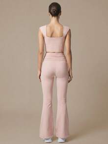 2pcs Women's Sports Set Square Neck Backless Soft Slim Fit Yoga Tank Top With Ruched Folded Waist High Waist Flare Yoga Pants - Pink - View 6