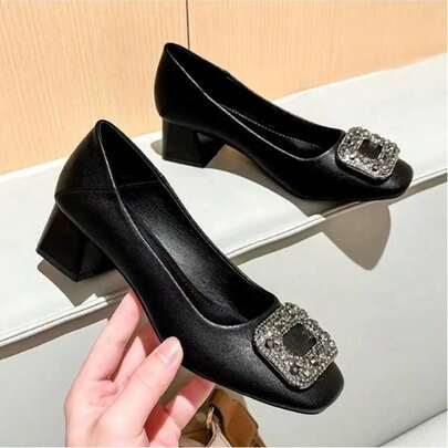 Básico Diamante de imitación Oficina Zapatos de trabajo nuevos estilo francés, con punta cuadrada y tacón grueso, elegantes y versátiles, de boca baja, con hebilla cuadrada y adornos de diam