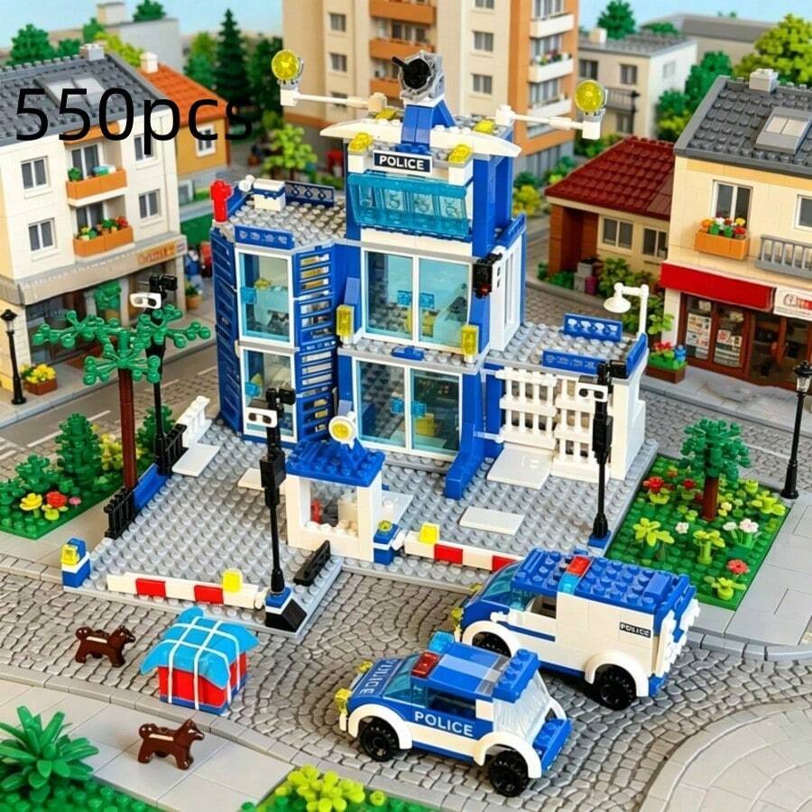 550pcs Blue City Police Pattern, Includes 2 Police Car Building Blocks, City Scene With Police Car And Accessories, Suitable For Handmade DIY Building Blocks, Birthday Gift, Christmas, Halloween Gift