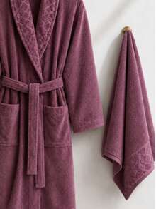 Diamond Pattern Jacquard Shawl Collar Bathrobe - S/M - L/XL - Made In Turkey - Burgundy - View 2