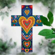 1pc Patterned Wall Hanging Cross, Wooden Wall Art Decor, Home Decoration, Suitable For Living Room, Bedroom, Kitchen, Entryway Decor, Wall Decor Gift, Holiday Decoration, - Multicolor - View 3