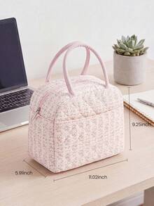 Floral Quilted Insulated Lunch Bag - Leak-Proof Reusable Thermal Cooler Tote, Large Capacity, Cute Coquette Style For Work, School, Picnic & Travel - 垂直粉花 - 查看 2