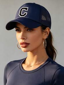 1pc Unisex Printed Mesh Baseball Cap, Breathable Adjustable Trucker Hat, Suitable For Summer Beach, Golf, Running, Daily Wear - Navy Blue - View 3