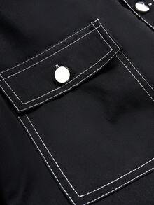 Vintage Contrast Stitching Black Shirt Jacket Men's Streetwear Casual City Walk Versatile Solid Color Outerwear - Black - View 5
