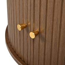 Coffee Table, Round Coffee Table, Living Room Table, Surrounding Vertical Relief Structure, Two Sliding Doors, MDF Body, Metal Handles, Spherical Metal Legs, Four Separate Storage Compartments. - Walnut Wood Color - View 10