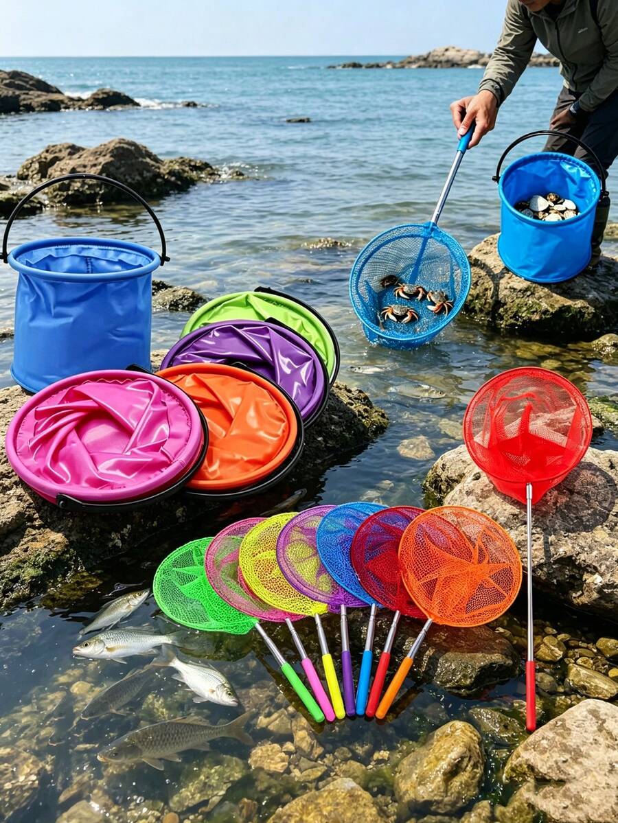 Summer Outdoor Exploration Fishing Net Set With Foldable Portable Bucket And Telescopic Fishing Net, Mini Foldable PVC Water Bucket In Random Color, Lightweight And Easy To Store, Suitable For Beach Exploration, Outdoor Observation, Camping, Travel, Garden Activities - Multicolor - View 1
