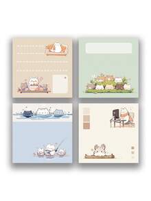 Healing Soft Cute Animal Memo Pad, 4 Warm Hand-Drawn Layout Designs Including Sofa Lounging, Party Cake, Pool Play, Home Office Scenes, Soft Cute Kitten Image With Gentle Lines - A - View 9