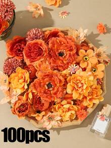 50PCS/100PCS Orange Tone Mixed Artificial Flower Head Set, Autumn Artificial Flower Head Wall Decoration, Suitable For Autumn Decor, Room Decor, Wedding Decor, Home Decor, Tabletop Wall Decor, Garden Decoration, Floral Arrangement Craft, Holiday Gift Choice - Orange - View 9