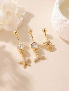3pcs Fashion Luxury Stainless Steel Flower Belly Button Ring Pendant, Butterfly Navel Ring Pendant, Belly Piercing Jewelry - Multicolor - View 6