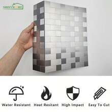 shiny home Shinyhome 10Pcs Peel-And-Stick Metal Back Plate Tiles - Waterproof, Oil-Proof, Heat-Resistant, Suitable For Kitchen, Bathroom, Living Room Decoration - Silver Metal Model - View 4