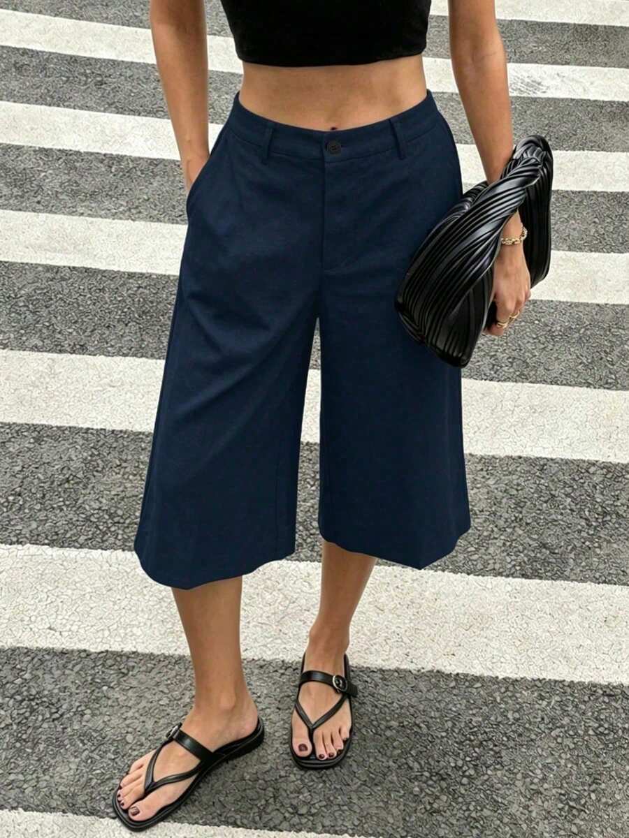 女款休閒優雅時尚日常度假下午茶藝術風純色口袋輕便七分寬腿褲 夏季 - 藏青 - 查看 1