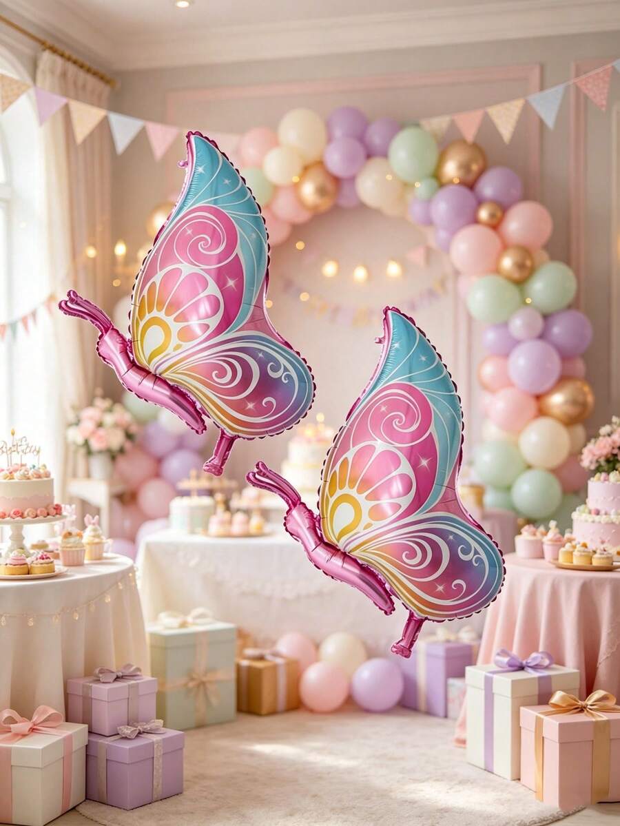 2pcs 28.7 Inch Side-Flying Butterfly Shaped Aluminum Foil Balloons, Butterfly Theme Birthday Wedding Party Gathering Decoration Balloons - View 1