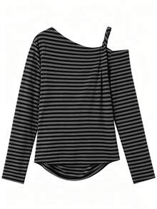 Women's Long Sleeve Cable Knit Off-Shoulder T-Shirt, Summer New Style, Elegant Slim Fit Versatile Retro Flattering Top - Stripe - View 6