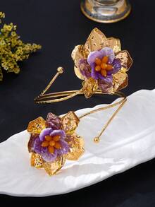1pc Vintage Purple Glazed 3D Flower Open Cuff Bracelet, Women's Heavy-Duty Pleated Metal Floral Armlet, Beach Vacation Dress Atmosphere Arm Accessory - Violet Purple - View 5