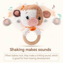 1PC Crochet Cow Wooden Teething Ring Rattle, Knit Farm Animal Baby Hand Sound Toy - Mocha Brown - View 5