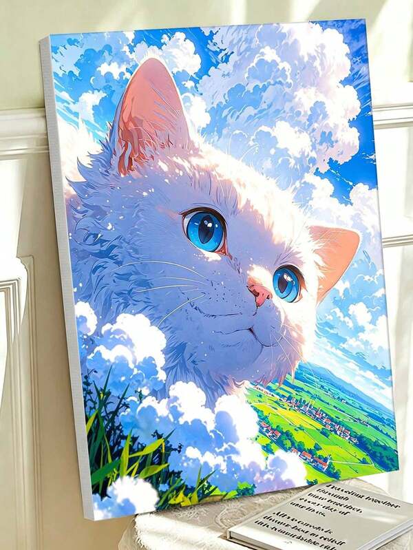 Giant Fluffy White Cat In The Blue Sky Scenery DIY Oil Painting By Numbers Canvas Craft Adult Home Decoration Wall Art Decor Holiday Gifts Personalized Creative Gift Painting Kits For Relaxation And Home Wall Decor