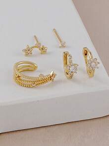 5pcs Exquisite Cubic Zirconia Star Stud Earrings Set, Women's Daily, Date, Party, Gathering Layering Matching - Yellow Gold - View 3