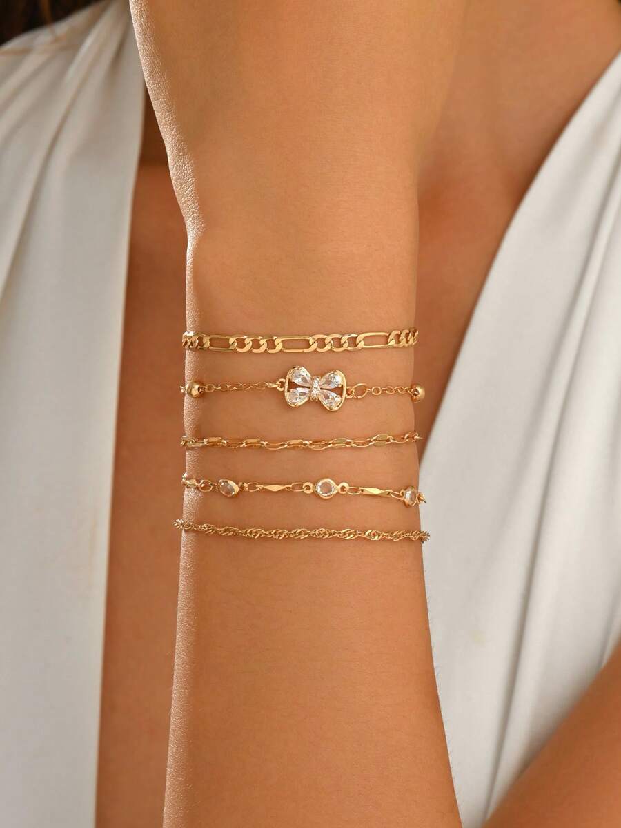 5pcs/Set Luxury Bowknot Hand Jewelry Set With Thick & Thin Gold Chain, Transparent Faceted Rhinestone Bowknot Decor, Minimalist Design For Women, Suitable For Summer Short Sleeve & Camisole Outfits, Chain Length Cut By Sections, Exact Number Of Links Unspecified - Multicolor - View 1
