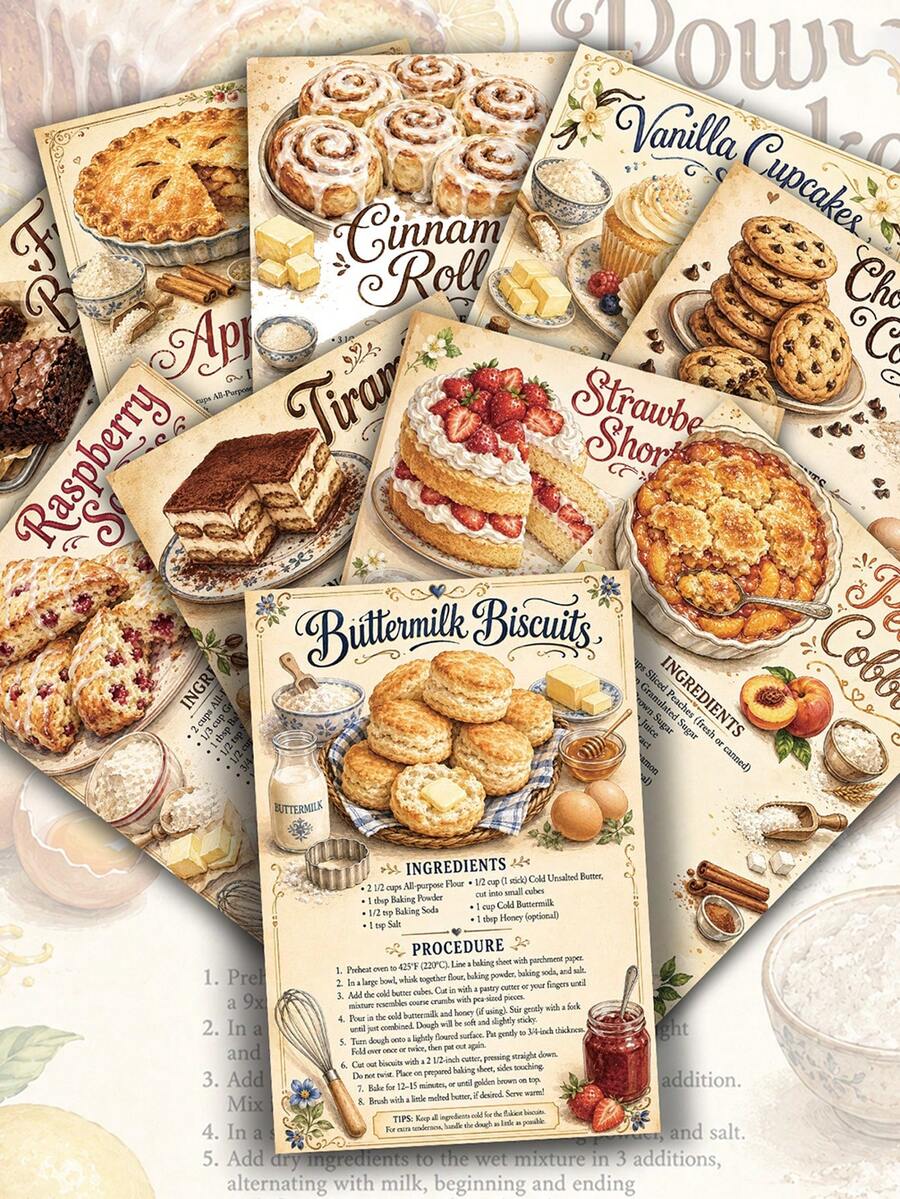 Premium Thick Cardstock Vintage Baking Recipe Postcards (20pcs) Vintage Style Material/Scrapbook Collage Supplies; Size Approx. 10.16 X 15.24 Cm (Approx. 4 X 6 Inches). Suitable For Scrapbooking, DIY Crafts, Home Decor Art And Collection. Vintage Design Style, Ideal Choice For Handmade Projects, Decorative Display, Holiday Gifts And DIY Enthusiasts. - Food - View 1