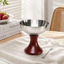 1pc 304 Stainless Steel Footed Ice Cream Cup With Wood Pedestal Base Multipurpose Dessert Bowl For Cafe Restaurant Home Use - Multicolor - View 7